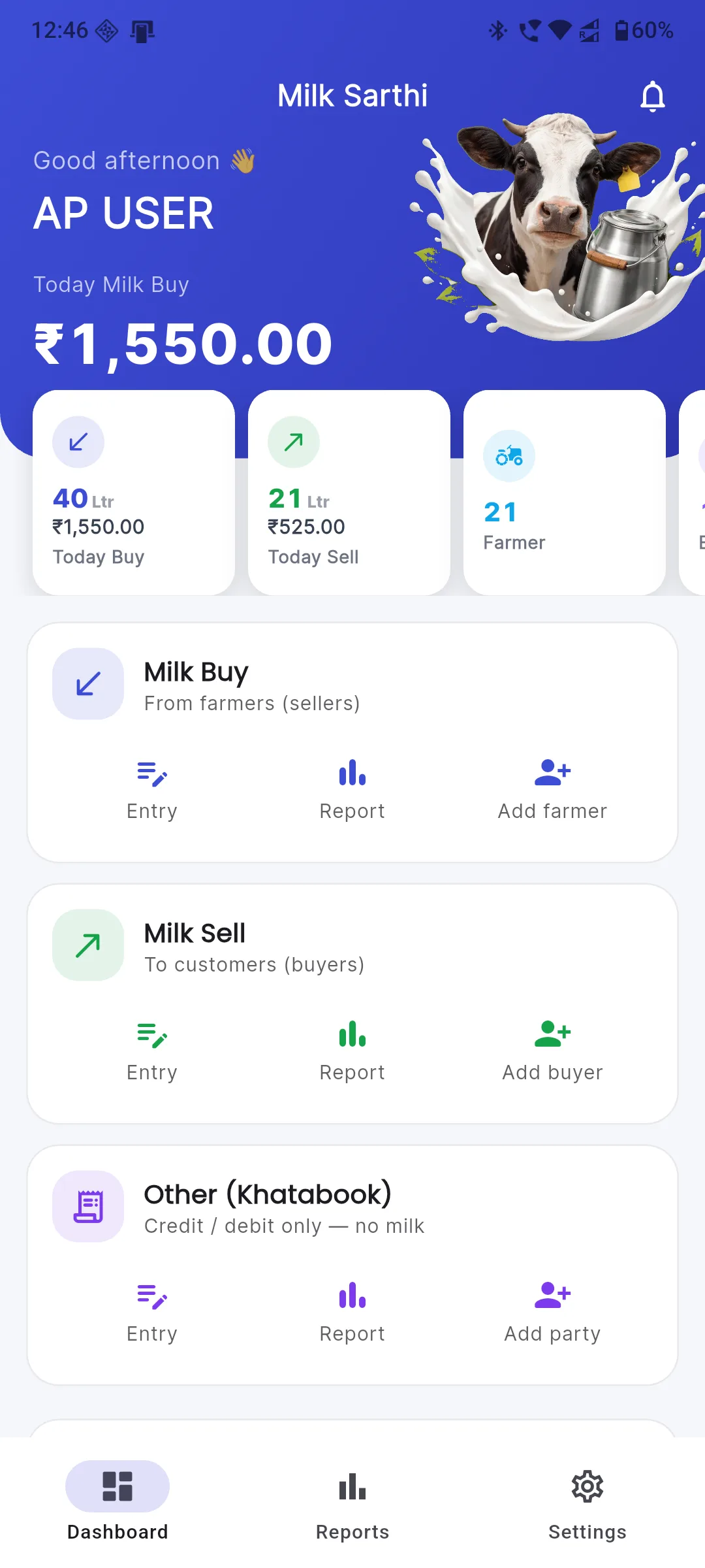 Milk Sarthi app dashboard showing today's milk buy, sell and farmers