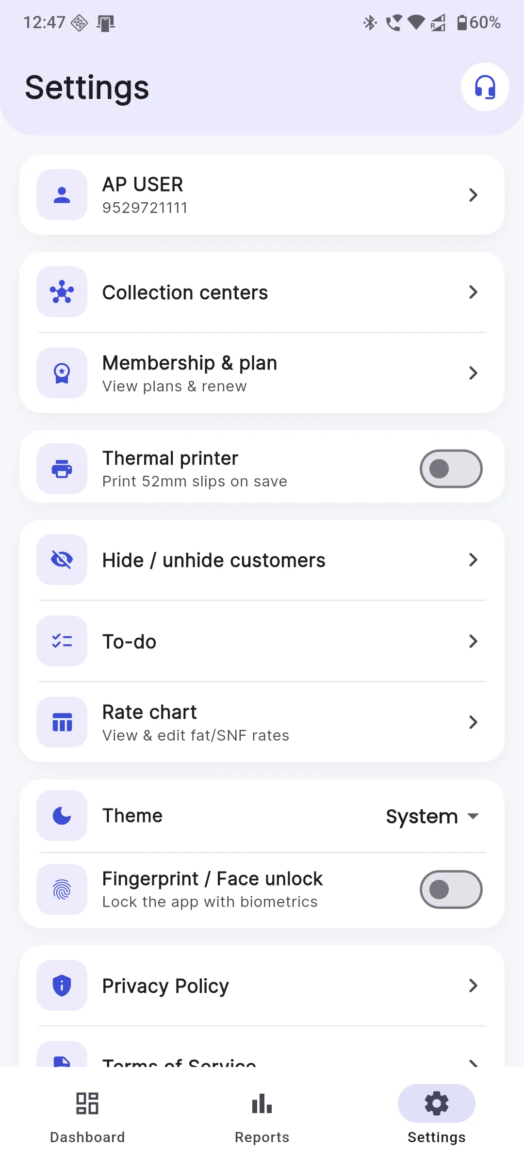 Settings with thermal printer, rate chart and biometrics